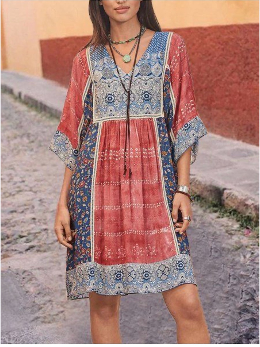 Sundance Boho Patchwork V-Neck Mini Dress in Rust & Navy